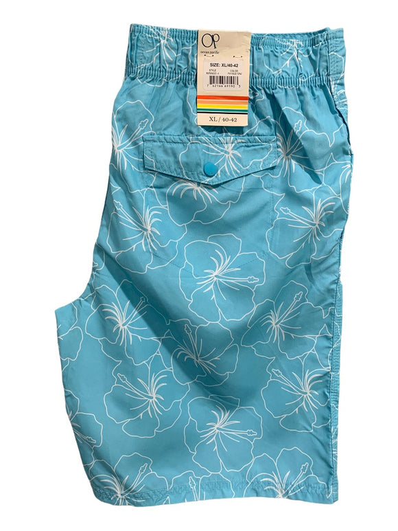 XL (40-42) OP Ocean Pacific Men's New Swim Trunks Light Blue Tropical Print