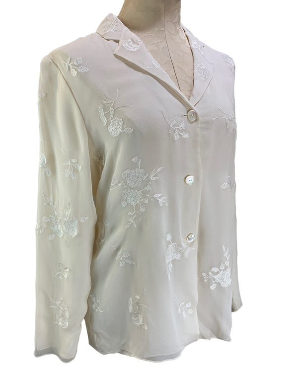10 Jones New York Silk Ivory Embroidered Lined Blouse Women's Button Up