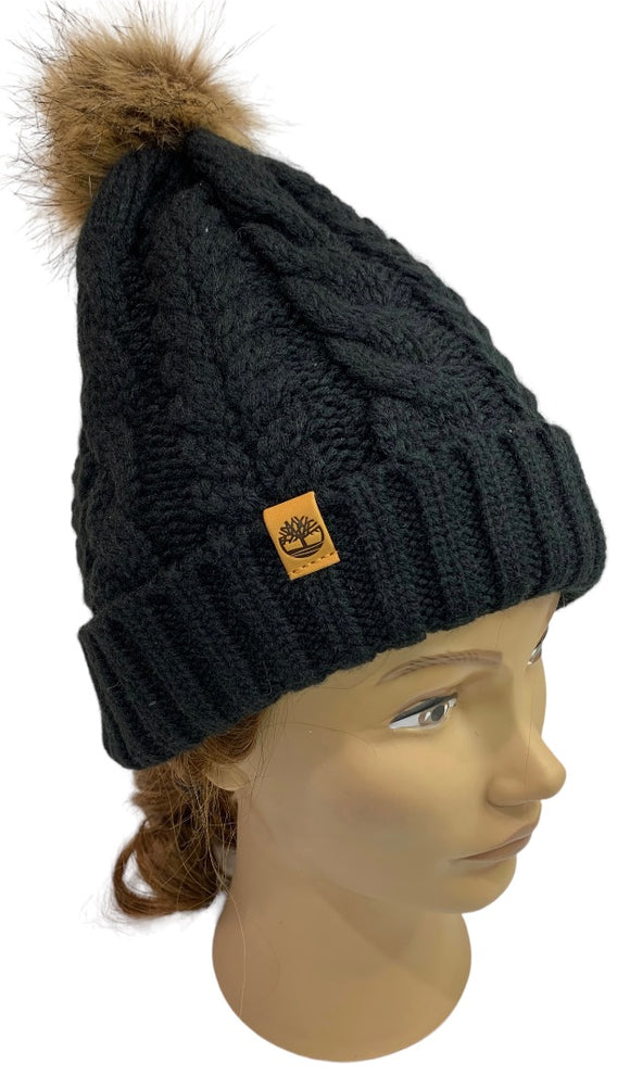 One Size Adult Timberland Black Cable Knit Winter Hat Pom Pom