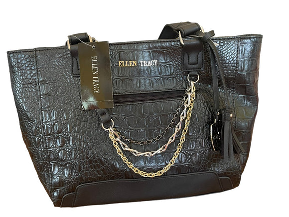 Ellen Tracy Shantel Handbag New Black Embossed Faux Leather Satchel Mixed Metal Chain