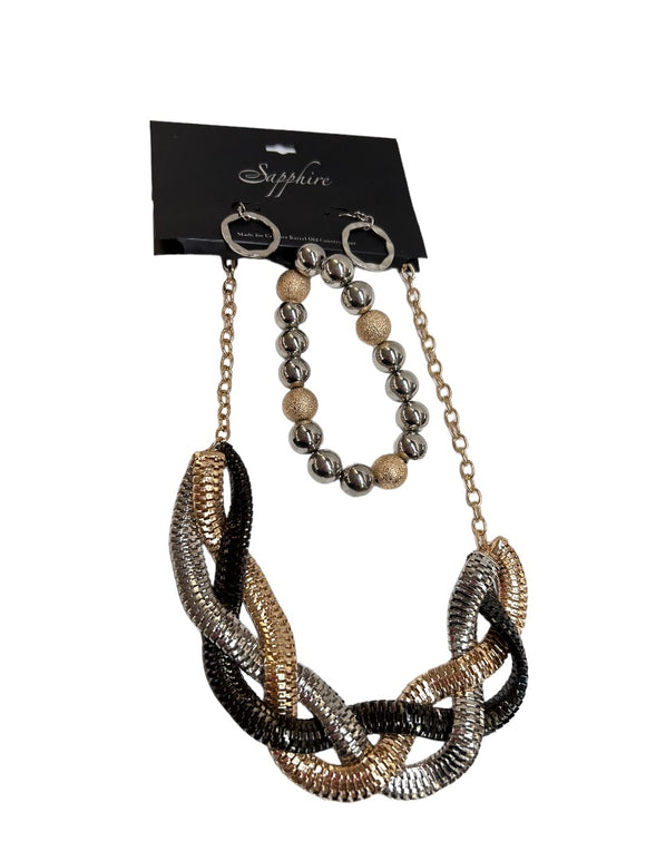 Sapphire Brand Jewelry Set Bracelet Necklace Pierced Earring New Silvertone Goldtone