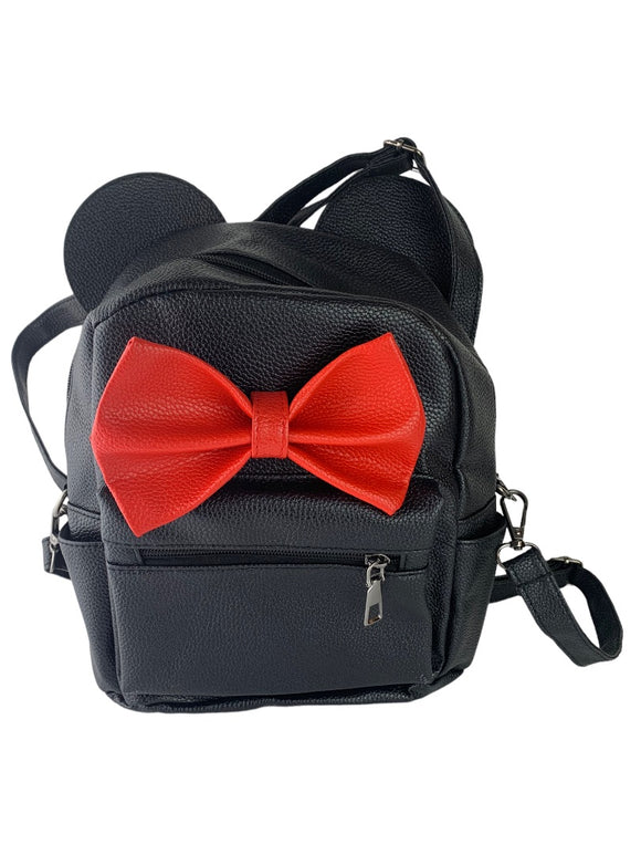 Black Vegan Leather Mini Backpack Ears Bow Adjustable Straps
