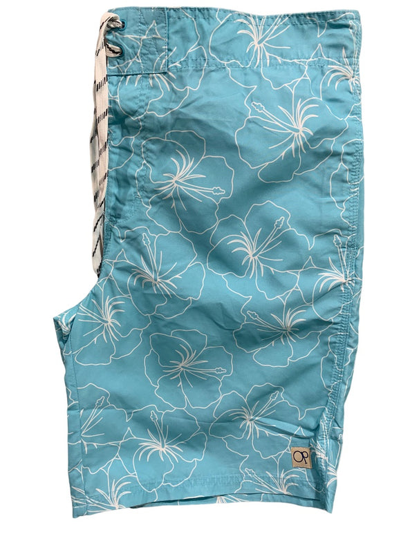 Large (36-38) OP Ocean Pacific Men's New Swim Trunks Light Blue Tropical Print