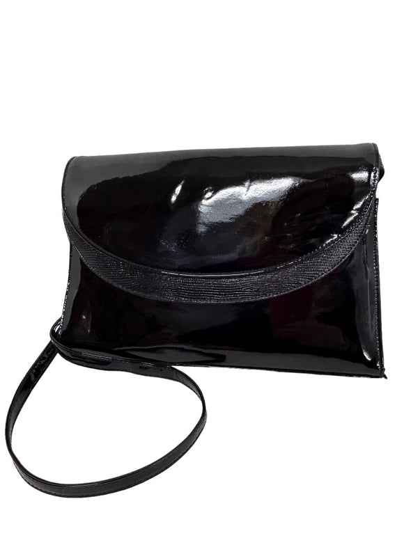 Black Patent Faux Leather Shoulderbag 1990s Vintage Snap Closure Compartments Unbranded