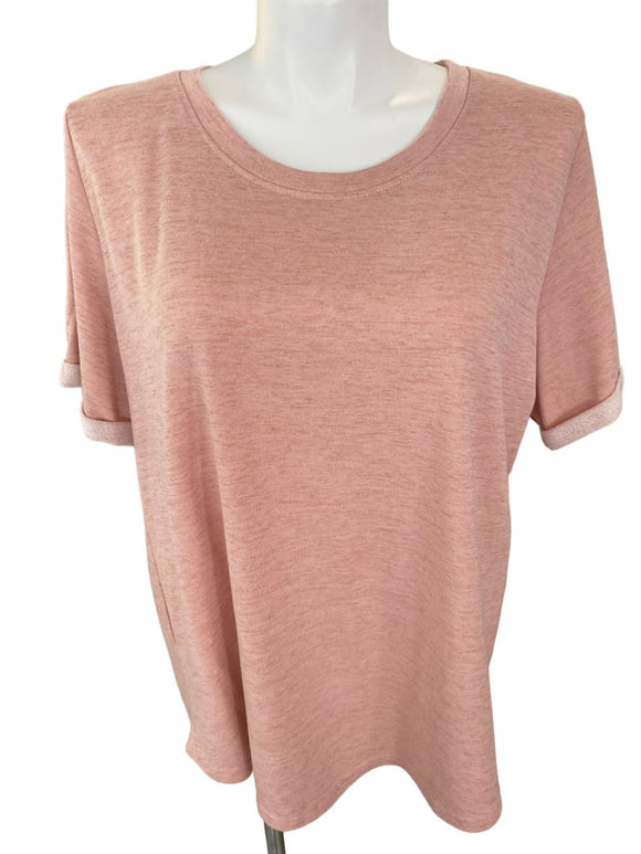 3X Amaryllis Pink Short Sleeve Scoop Neck Shirt Blouse Cuffed Sleeve