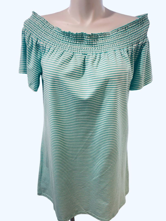 XL Vineyard Vines Off Shoulder Green White Striped Dress