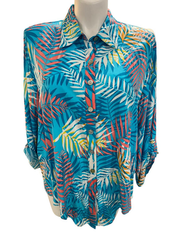 NWT 3X Ruby Rd Tropical Print Hot Tropics Roll-Tab Sleeve Blouse Top
