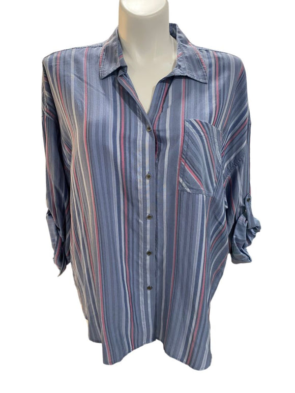 NWT 2X Westbound Woman Stripe Button Down Roll-Tab Sleeve Shirt Blouse Top