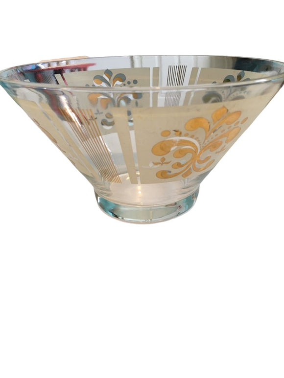 Anchor Hocking Glass Chip Bowl Fleur-de-lis 22kt Gold MCM Vintage
