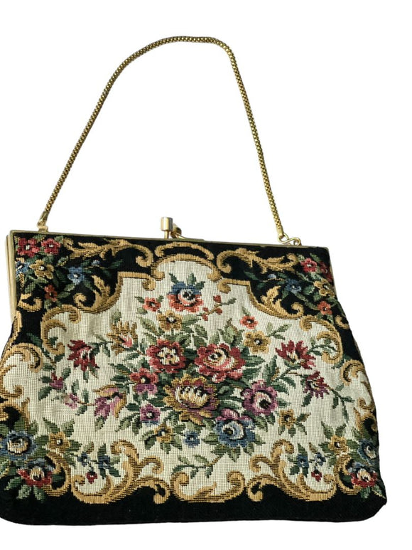 Walborg Floral Tapestry Embroidery Clutch With Chain KissLock Closure Vintage