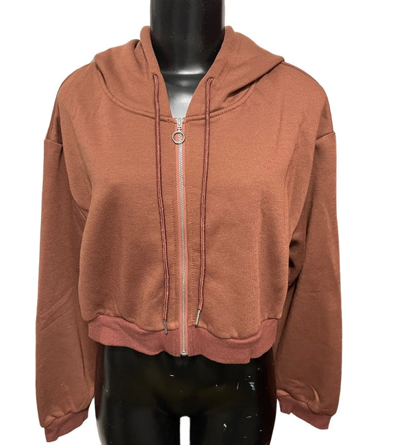 XL MakeMeChic Women's Crop Full Zip Up Hoodie Brown Sweatshirt New