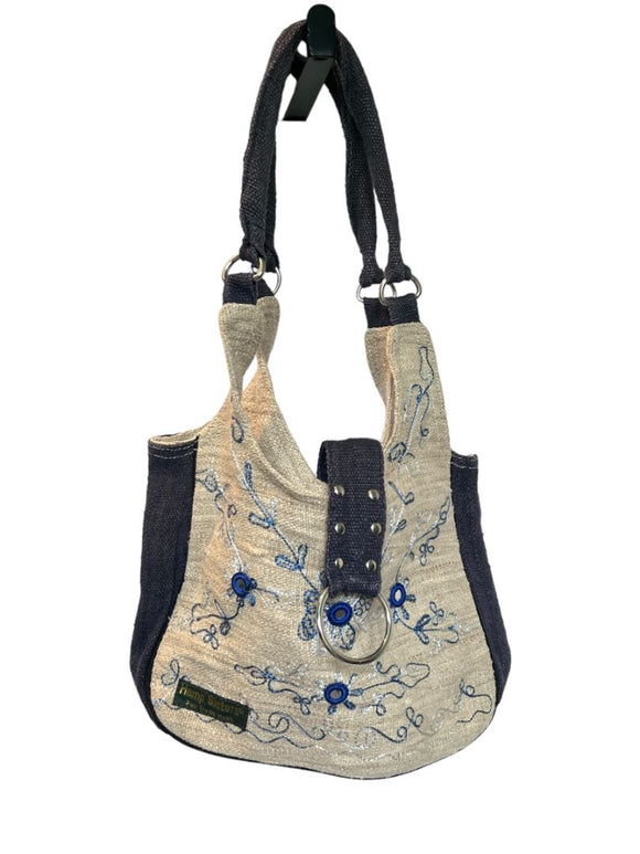Hemp Sisters Blue and Natural Tan Embroidered Mirrored Handbag Shoulder Bag