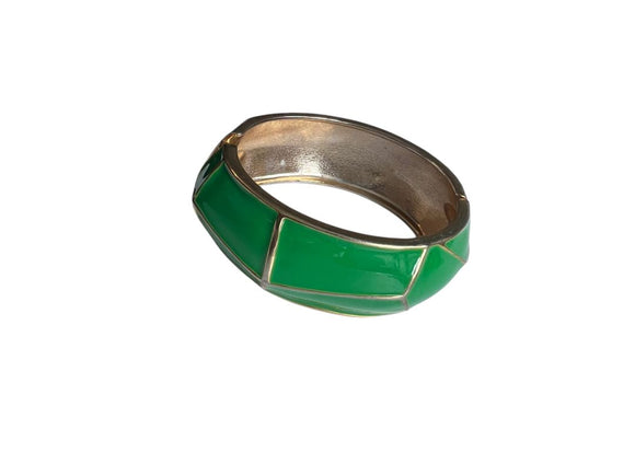Goldtone Metal Hinged Bangle Bracelet Green Enamel Preppy