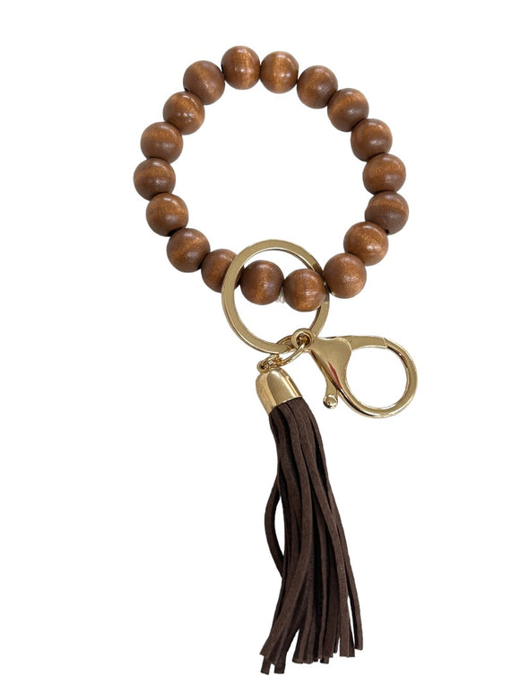 Wooden Bead Stretch Tassel Bracelet with Keychain Key Ring