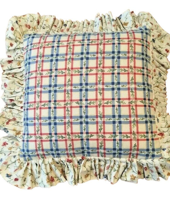Country Ruffle Plaid Floral Throw Pillow Custom Made 21.5