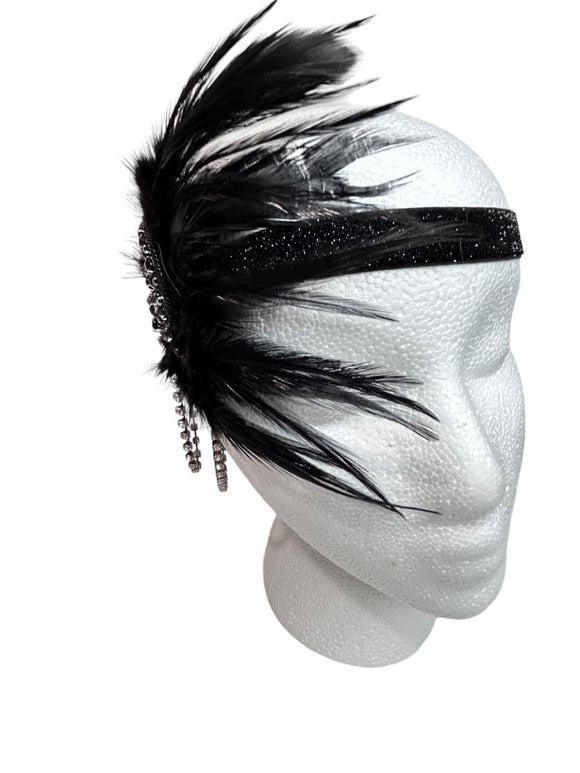 Flappers Style Black Rhinestone Feathered Headband Art Deco Style One Size Adult