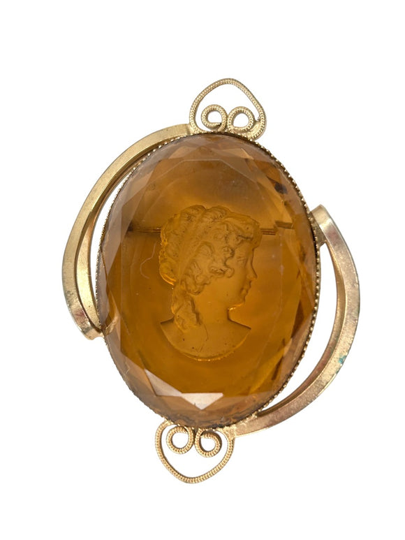 Amber Colored Intaglio Cameo Brooch Pin Goldtone Reverse 2 1/4