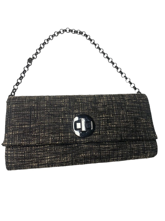 Tweed Brown Black Clutch Convertible Handbag Turnlock Pewter Color Hardware