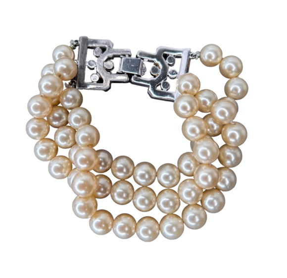 Vintage Triple Strand Faux Pearl Bracelet Rhinetone Closure 7.25