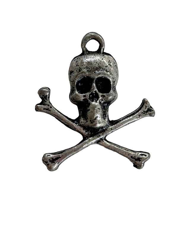 Small Skull and Crossbone Silvertone Pendant Charm Jewelry 3/4