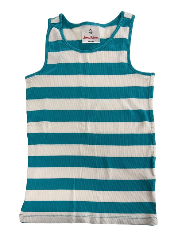 Size 8 Hanna Andersson Girls Striped Tank Top Teal White Pima Cotton