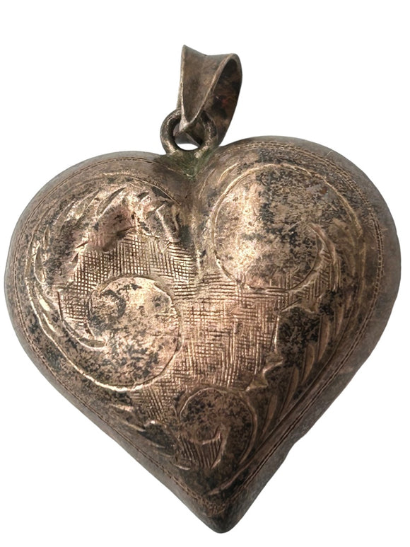 Vintage Silver Puffy Heart Pendant Etched Design 1.25