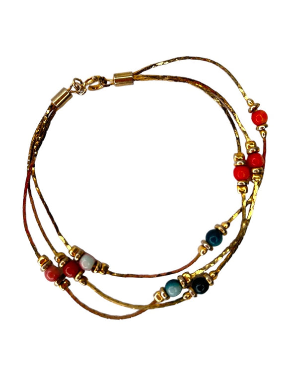 Delicate Goldtone Triple Strand Bracelet Beaded Multicolor 7 1/8