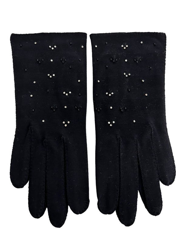 Size 7 Van Raalte Black Embellished Vintage 1950s Double Woven Cotton Gloves USA