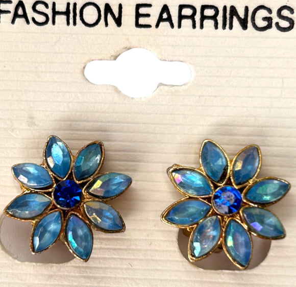 1990s Clip On Blue Crystal Flower Earrings 3/4