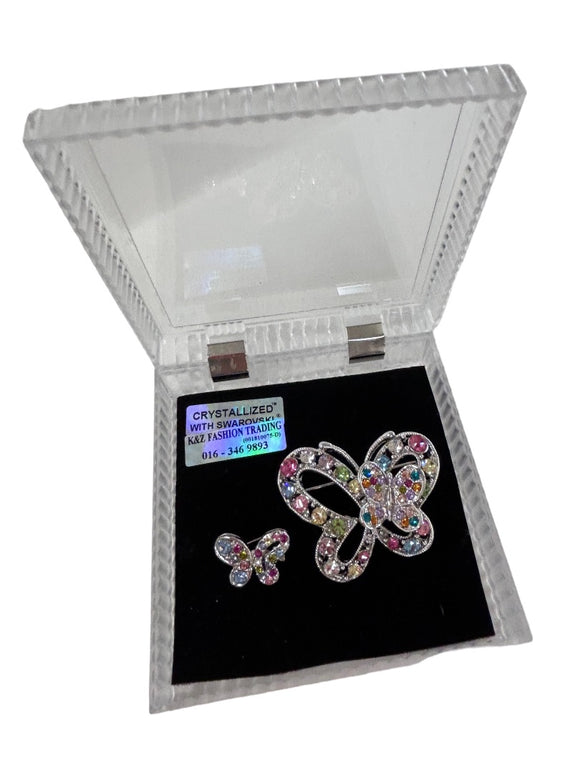 Crystallized Butterfly Brooches Set of 2 New Silvertone and Multicolor Swarovski