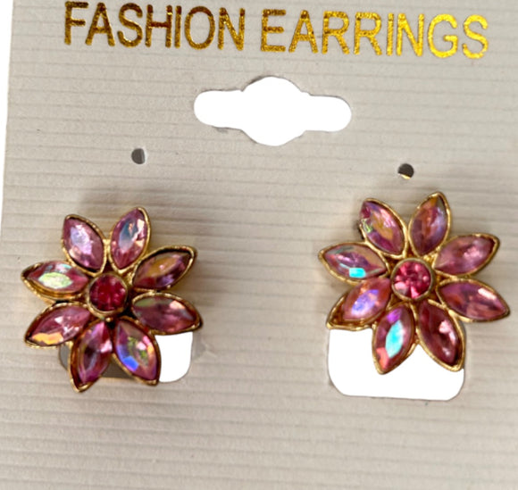 1990s Clip On Pink Crystal Flower Earrings 3/4