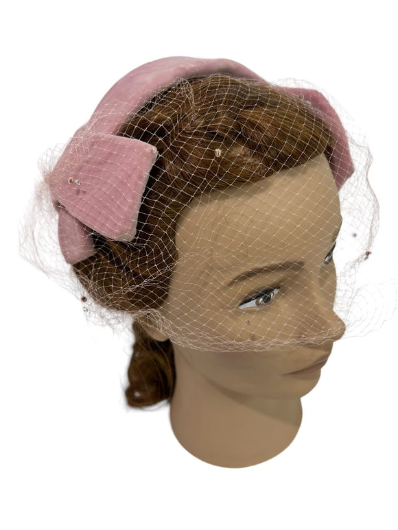 Pink Velvet 1950s Vintage Headband Hat Headpiece Netting Betmar