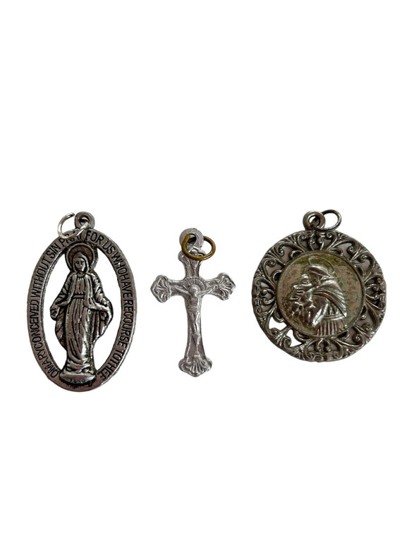 Set of 3 Silvertone Christian Medal Charms Pendants Cross Virgin Mary