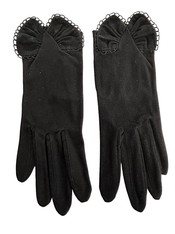 Size 6 Vintage 1950s Vintage Black Bow Detail Gloves Brushed Cotton