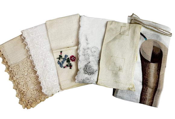 Lot of 6 Vintage 1950s Handkerchief Hankies Linens Assorted Colors Styles
