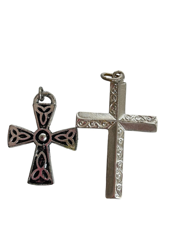 Set of 2 Silvertone Cross Necklace Pendant Charms Textured Ornate Design