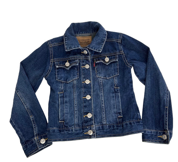 Small (Size 7) Levi Strauss Girls Jean Jacket Embellished Buttons Dark Wash Denim
