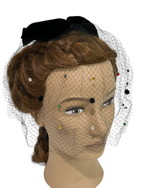 Black Velvet Hair Bow Veil Netting 1950s Vintage Bejeweled