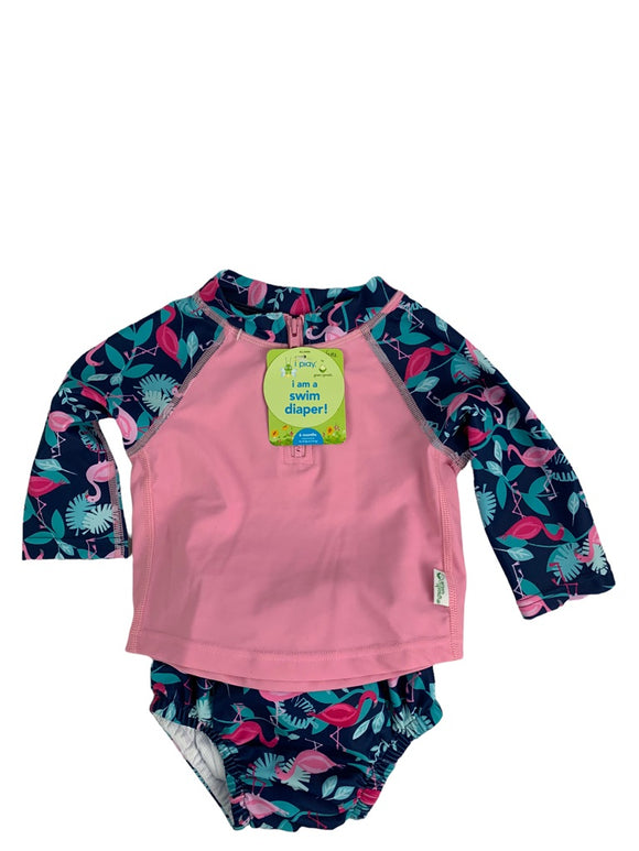 6 Months i play. Girls Two Piece Swimsuit Built-In Diaper Flamingo Long Sleeve