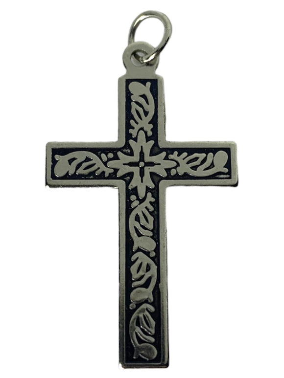 Vintage Silvertone and Black Ornate Cross Pendant 1.5