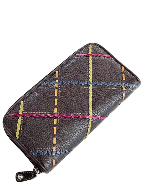 Brighton Brown Pebbled Leather Zip Around Wallet Multicolor Stitching