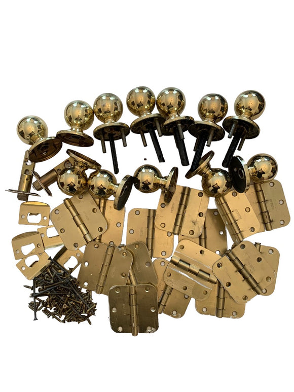 Lot of Assorted Brass Colored Hardware Doorknobs Hinges Plates Screws