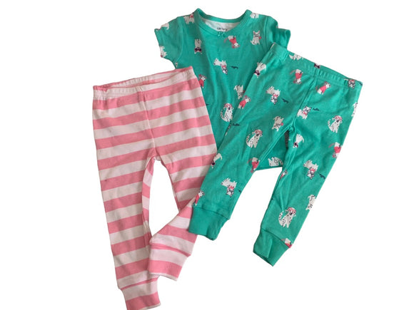 12 Months Carter's New Girls 3 piece Pajama PJ Set Green Pink Stripe Dog Print Short Sleeve Pants