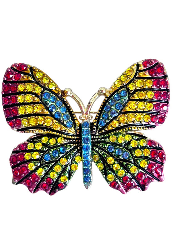 Bright Crystal Butterfly Brooch Pin Blue Yellow Red Goldtone Setting 1 7/8