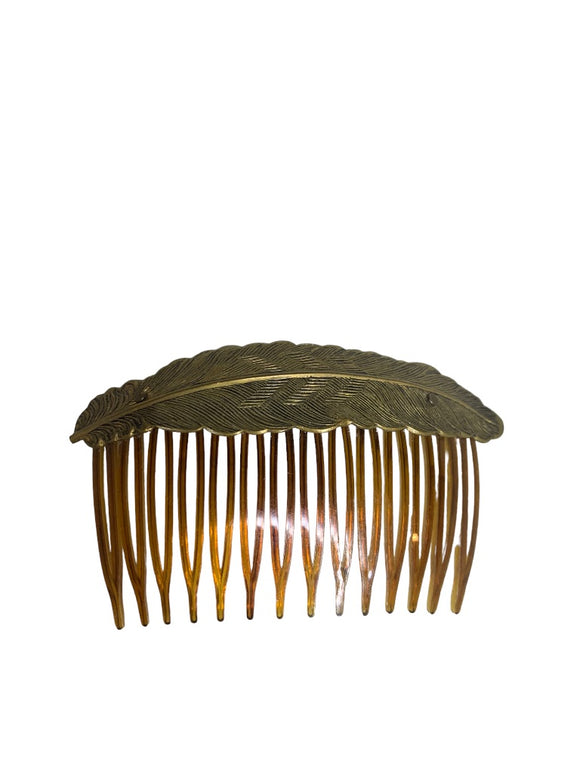Vintage Hair Comb Metal Feather Brown Plastic Made in USA 3