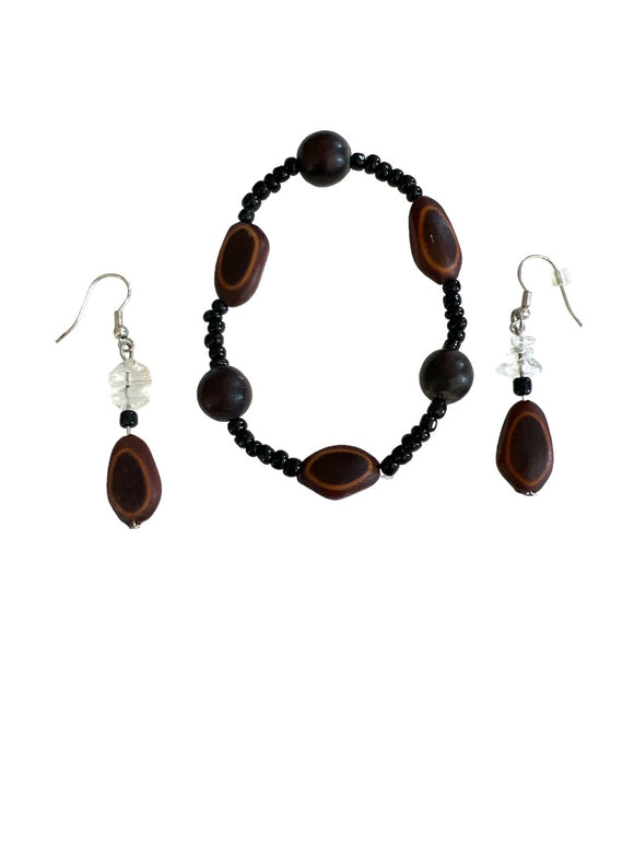 Wood Beaded Stretch Bracelet and Dangle Earrings (2