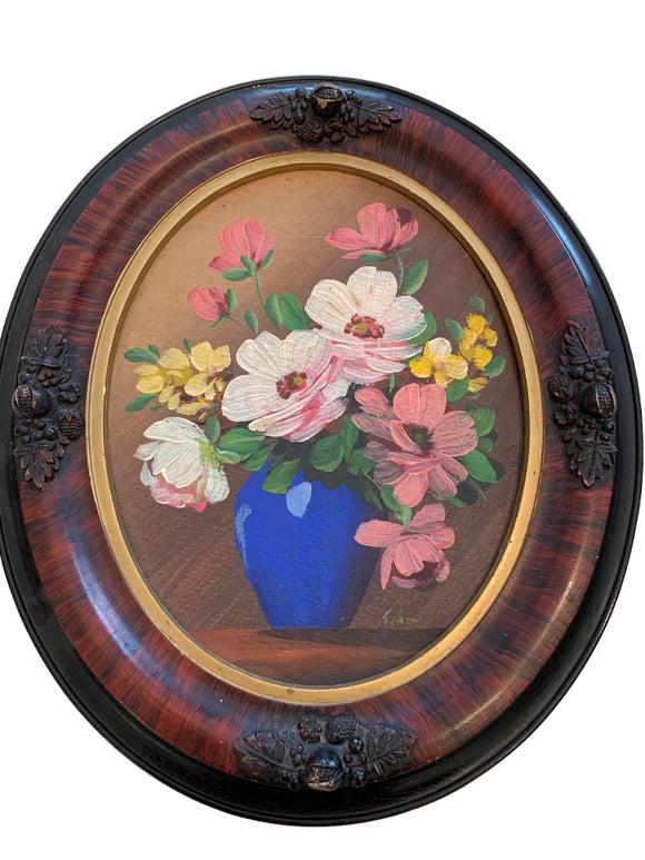 Vintage Framed Oil Painting Still Life Flowers Oval Gesco Studios Philadelphia