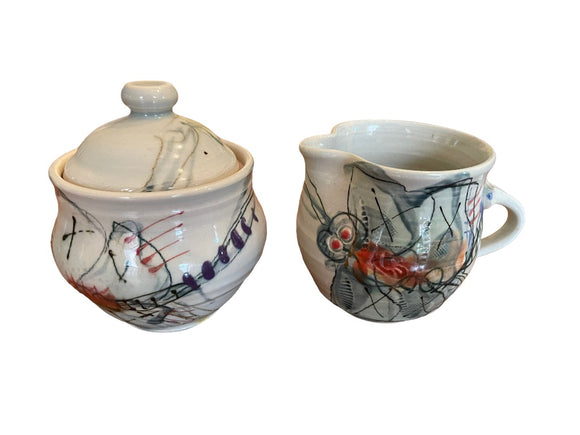 Art Pottery Sugar Bowl and Creamer Bug Designed Signed REB