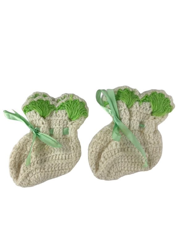Vintage Crocheted Baby Booties White Green Trim Ribbon