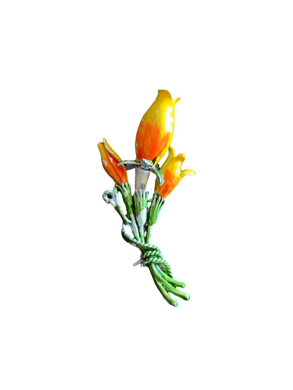 Vintage Yellow Orange Tulip Bouquet Brooch Enamaled Paint 1.5